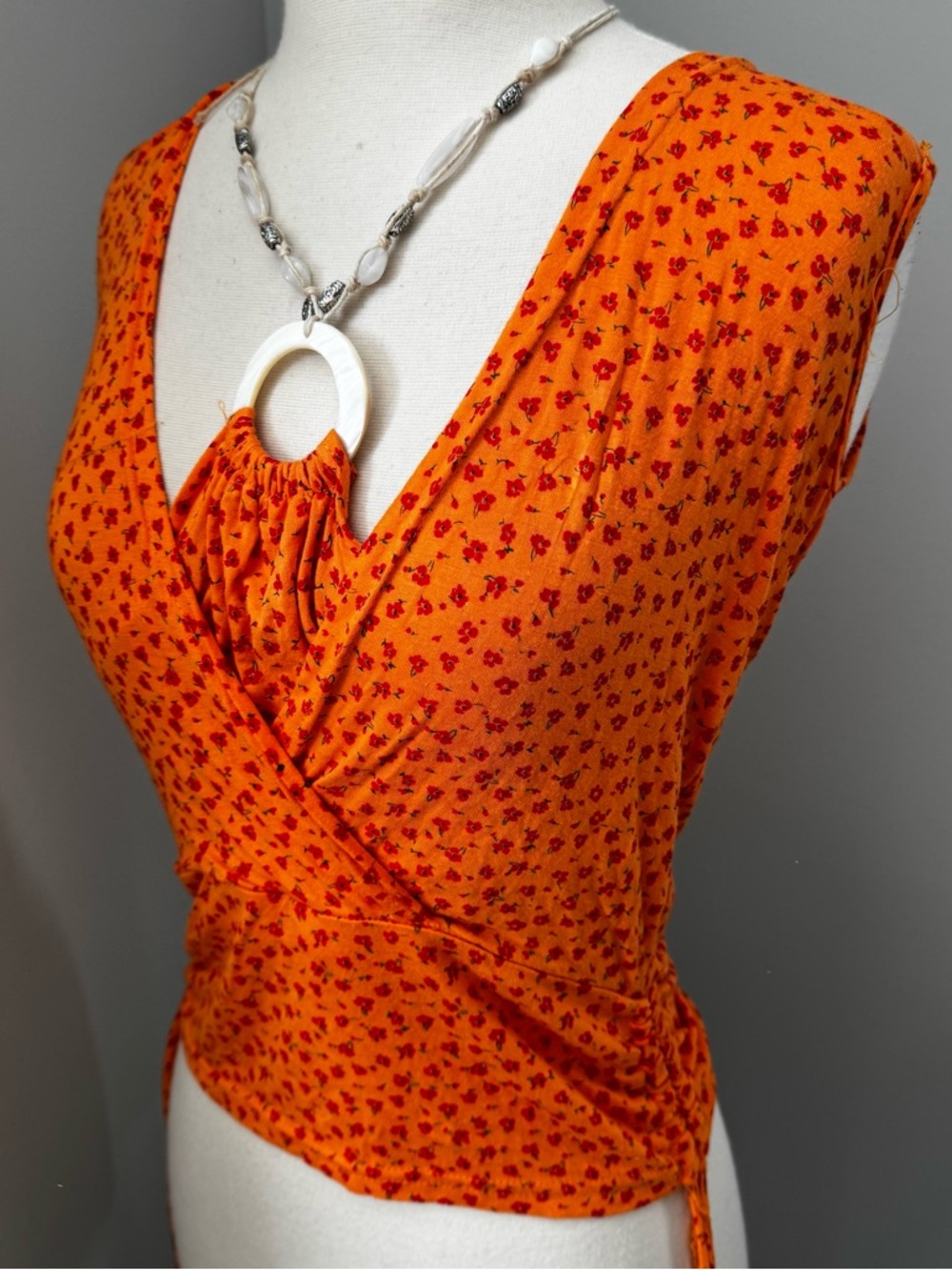 Rosa Miss Orange Floral Wrap Top | Ruched Side Tie | Y2K Euro Style